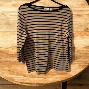 Chicos Womens Top Size 2 (M)Boat Neck Tan with Black Stripes 3/4 Sleeves Buttons